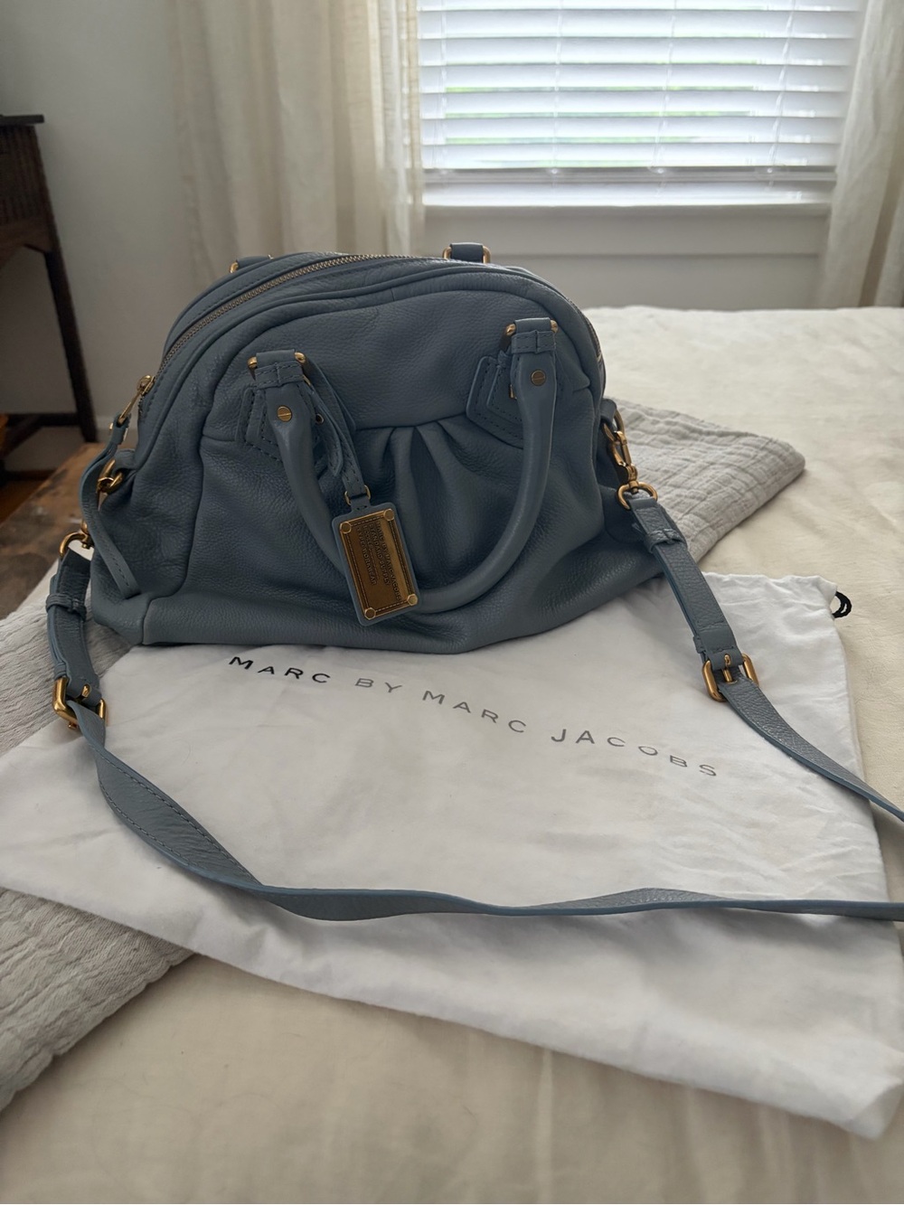 Marc by Marc Jacobs Blue Leather Dome Satchel with Gold Hardware and duster